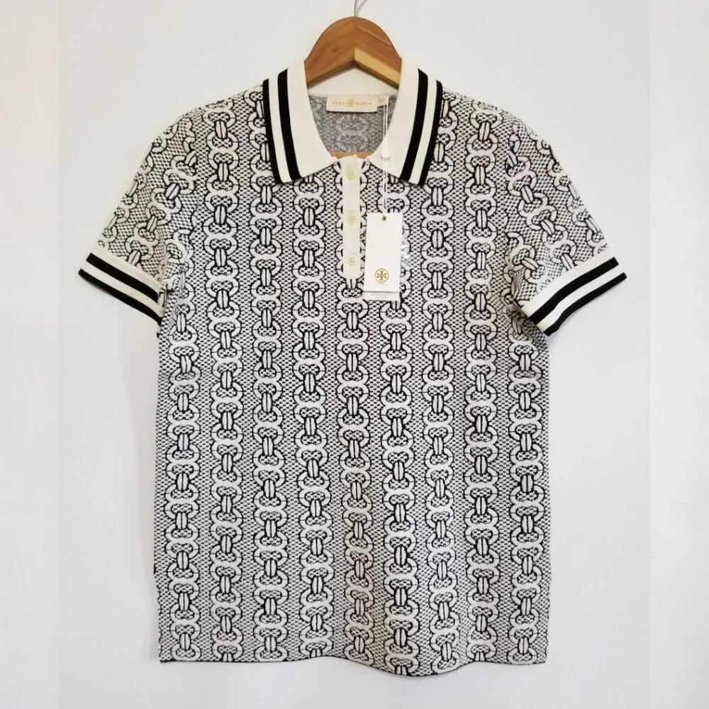NWT Tory Burch Gemini Link Sweater Polo Shirt Top in New Ivory Black Size S $348